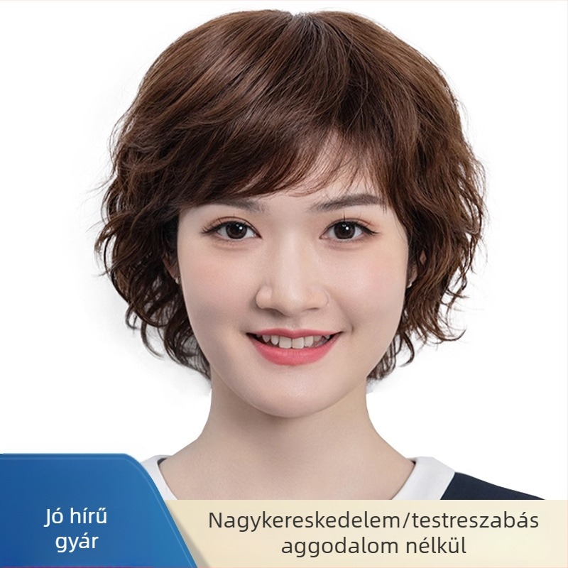 Női paróka valódi hajból, elegáns göndör fürtök, teljes fejfedő paróka oldalsó frufnival a szürke haj elfedésére, mosható