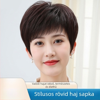 Női teljes fejre szóló paróka, valós emberi hajból, vékony rövid egyenes stílus, természetes megjelenés, ősz haj fedése középkorú és idős hölgyeknek