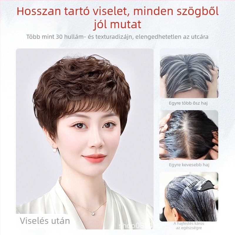 Teljes fej paróka, rövid göndör, természetes hajból, nyáron légáteresztő kényelem, ősz haj fedése, nőknek