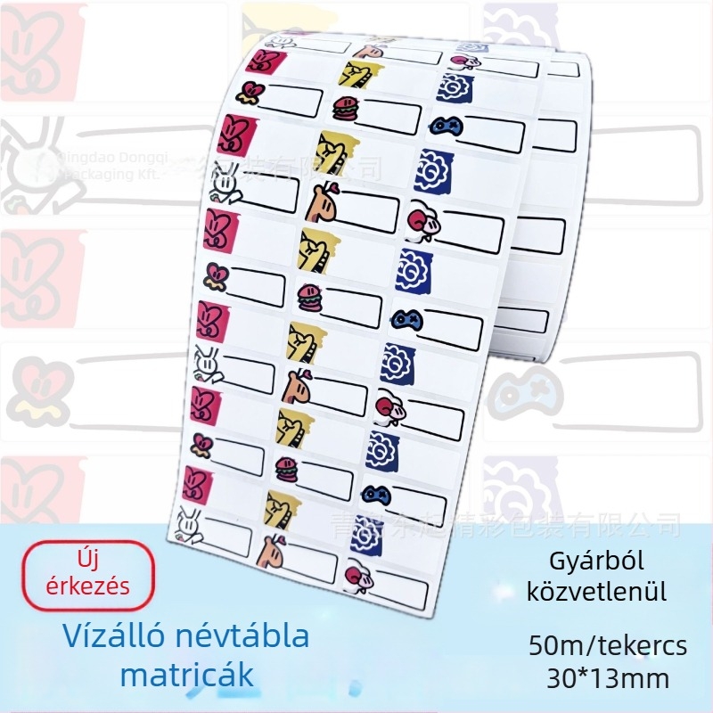 Gyerekek neve címkék, vízálló és foltálló, PP ragasztóval és glassine hátlappal, erős szakítószilárdság, hosszú távú hőállóság 78°C
