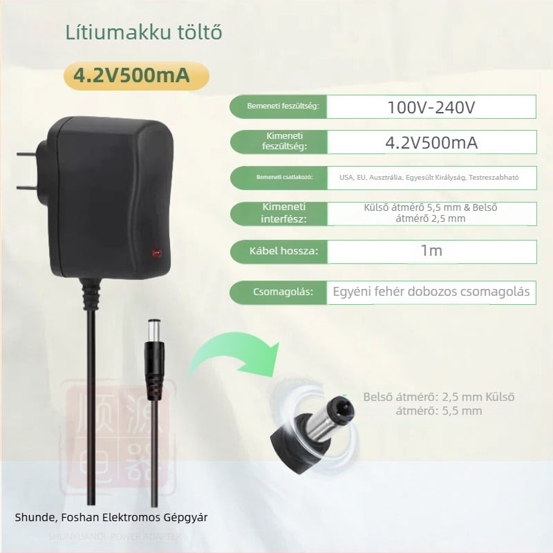 Li-ion akkumulátor töltő 18650 polimercellákhoz több kimenettel: 4.2V1A, 5V1A, 8.4V1A, 12.6V1A, 16.8V1A; bemenet AC100-240V.
