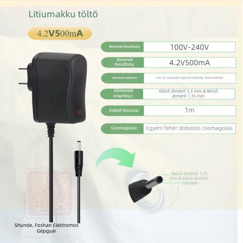 Li-ion akkumulátor töltő 18650 polimercellákhoz több kimenettel: 4.2V1A, 5V1A, 8.4V1A, 12.6V1A, 16.8V1A; bemenet AC100-240V.