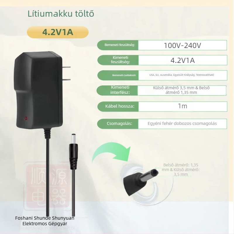 Li-ion akkumulátor töltő 18650 polimercellákhoz több kimenettel: 4.2V1A, 5V1A, 8.4V1A, 12.6V1A, 16.8V1A; bemenet AC100-240V.