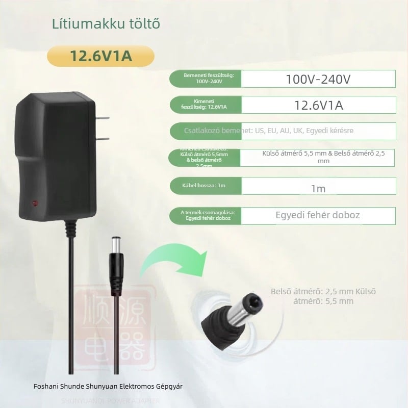 Li-ion akkumulátor töltő 18650 polimercellákhoz több kimenettel: 4.2V1A, 5V1A, 8.4V1A, 12.6V1A, 16.8V1A; bemenet AC100-240V.