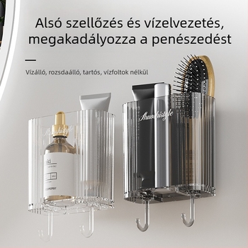 Fali tárolóedény, ragasztóval szerelhető, PET+ABS műanyagból, fürdőszobai kozmetika tárolására
