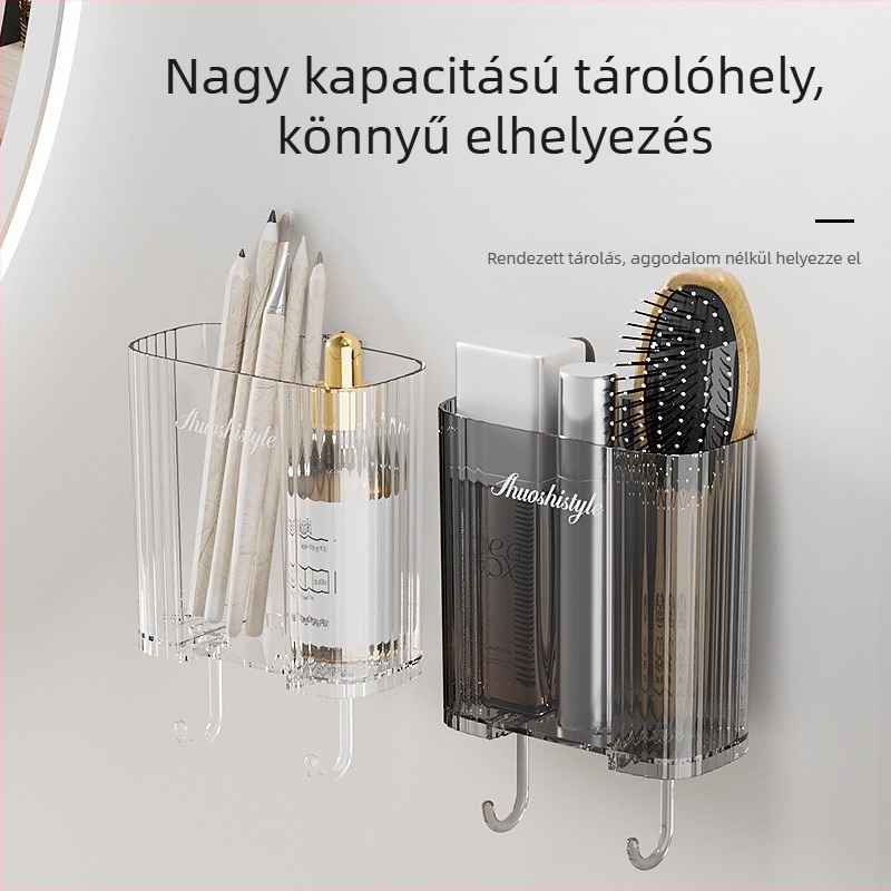 Fali tárolóedény, ragasztóval szerelhető, PET+ABS műanyagból, fürdőszobai kozmetika tárolására