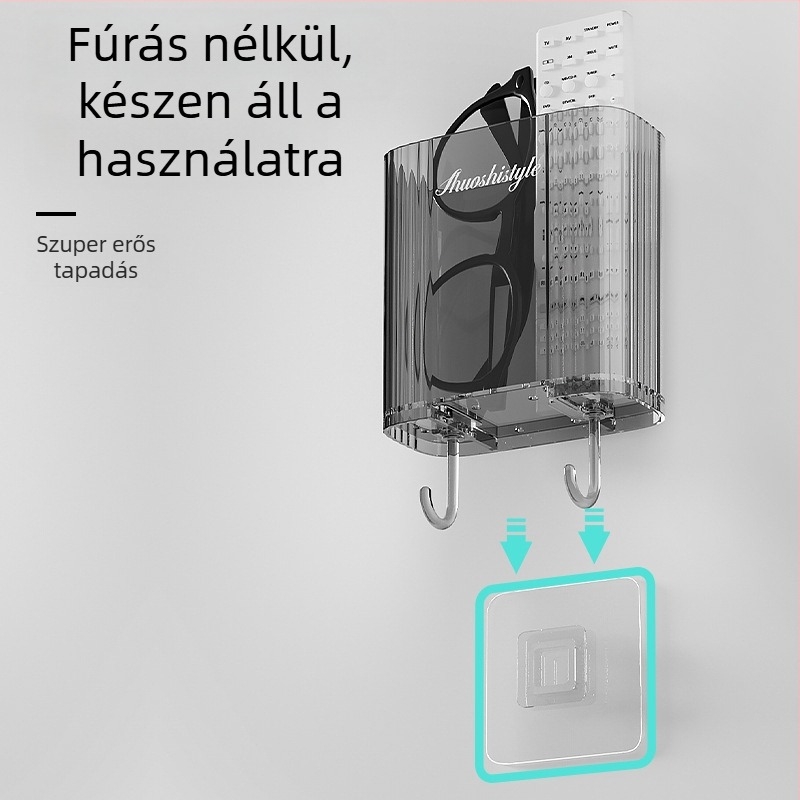 Fali tárolóedény, ragasztóval szerelhető, PET+ABS műanyagból, fürdőszobai kozmetika tárolására