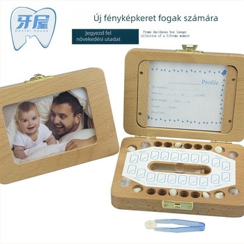 Fából készült emlékdoboz tejfogak és baba hajának tárolására fotókerettel, 0–3 éveseknek