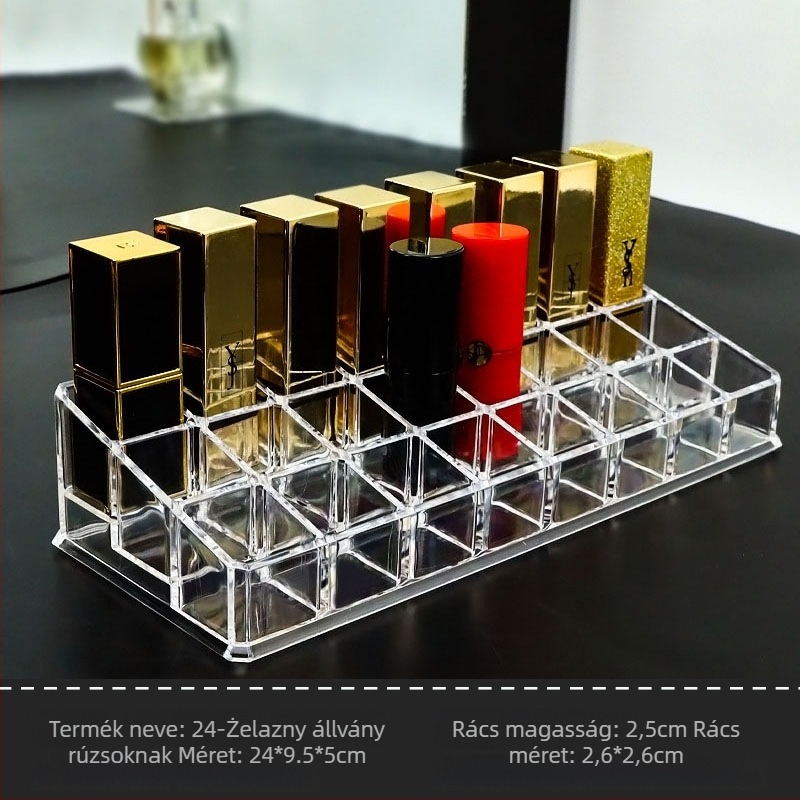 24 rekeszes ajakrúzs kijelző, átlátszó kozmetikai rendező asztali használatra, 1 rétegű, PS műanyag, 100% új