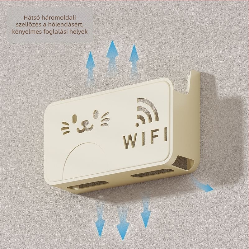 Router tároló doboz, falra szerelhető, lyukasztás nélküli, ABS anyag, 2 L kapacitás, kiscica minta