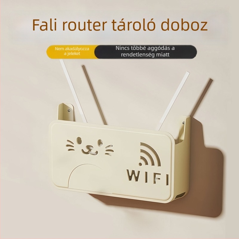 Router tároló doboz, falra szerelhető, lyukasztás nélküli, ABS anyag, 2 L kapacitás, kiscica minta