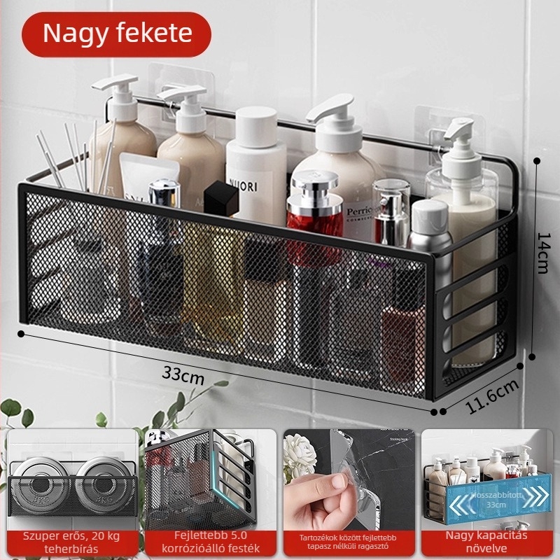 Fali szerelhető vasból készült toalettpapír- és papírzsepi tároló – fúrás nélküli rögzítés, 1 szint, többfunkciós fürdőszobai tároló