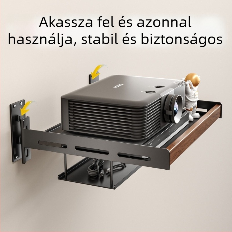 Diófa falra szerelhető projektor-tartó 6-szintes tároló egységgel, levehető, beépített csavaros szereléssel