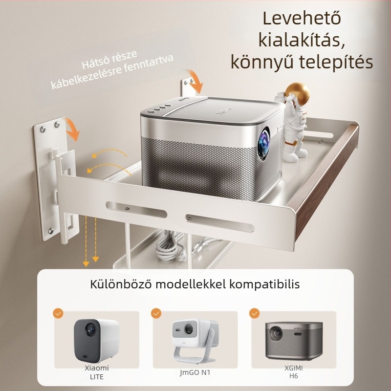 Diófa falra szerelhető projektor-tartó 6-szintes tároló egységgel, levehető, beépített csavaros szereléssel