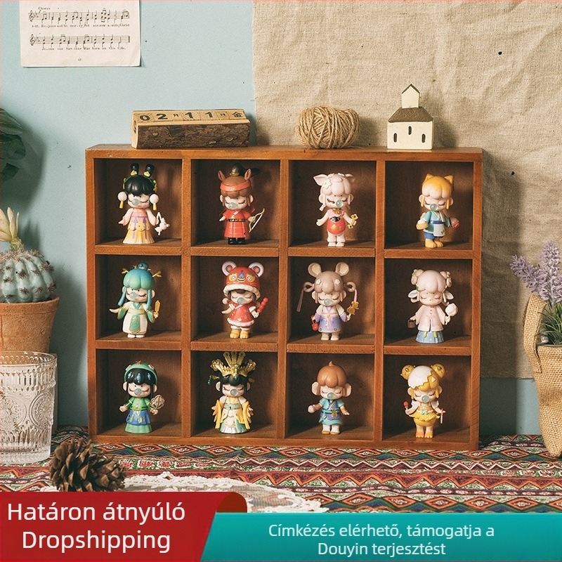 Szilárdfa, 12 rekeszes retro kijelző- és tároló szekrény babáknak — asztali tároló, modell 9012