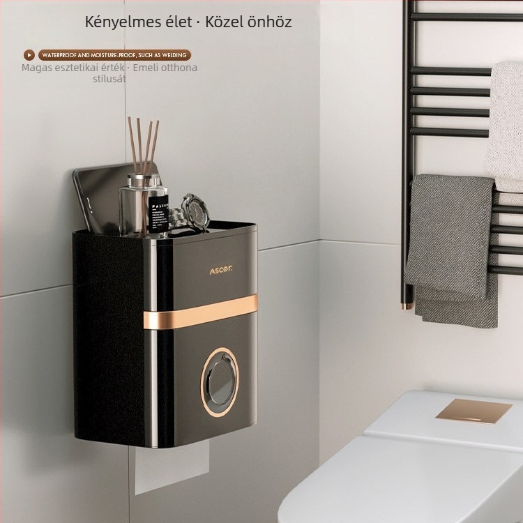 Falihoz szerelhető toalettpapír-tároló és fürdőszobai szervező, műanyag, modell ASK1475, vízálló, tekercs papírhoz, modern minimalista stílus