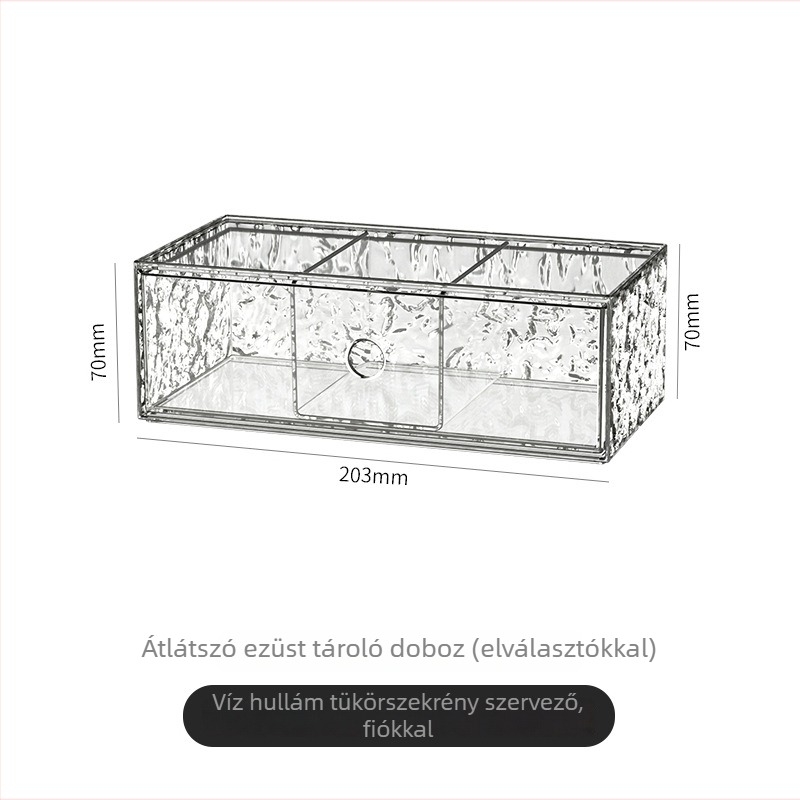 Fiókos kozmetikai tároló doboz PET műanyagból, fedővel, elválasztott rekeszekkel, porálló, 2 L kapacitás