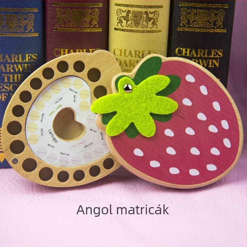 Eper témájú, faanyagú tejfog-őrző doboz, személyre szabott emlékgyűjtemény hosszú távú megőrzéshez