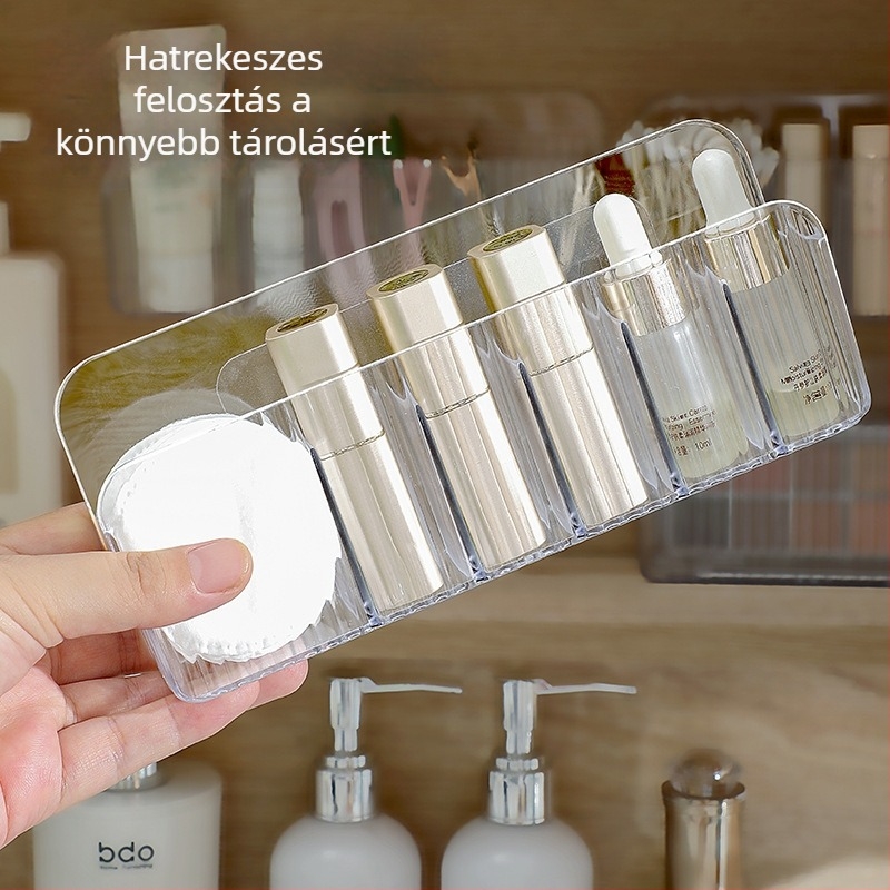 Fali tükrös tároló doboz, átlátszó, PET műanyagból, nagy kapacitás, rekeszekkel, fúrás nélküli szerelés