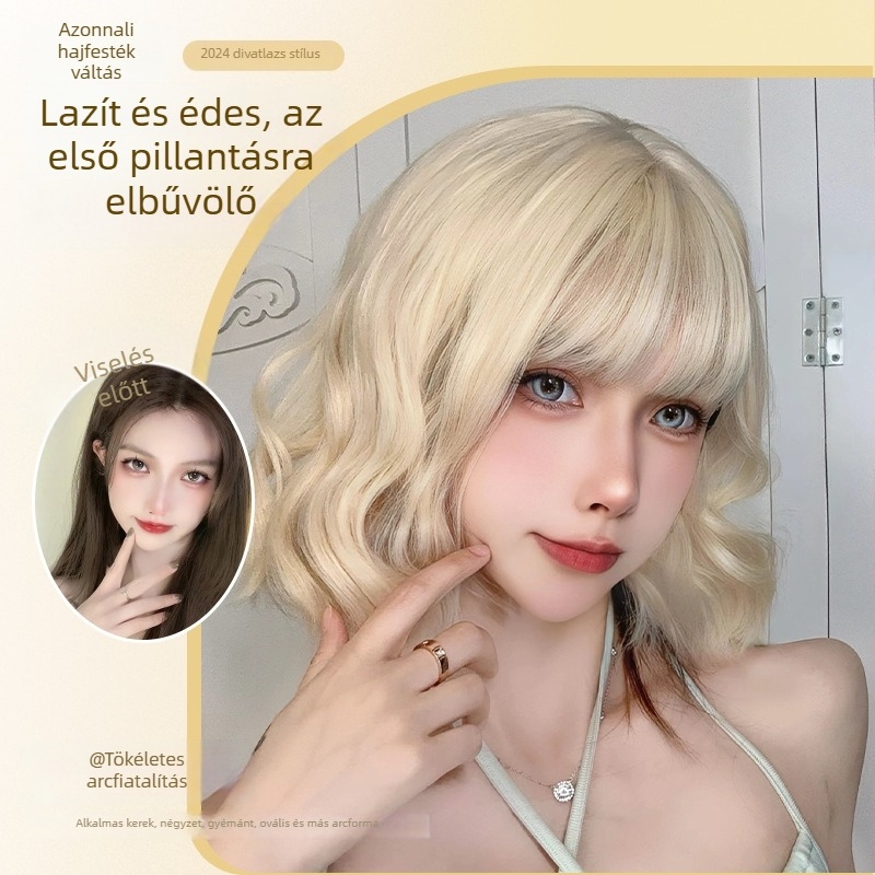 Koreai stílusú rövid göndör paróka, légies frufruval, hőálló szintetikus hajból, modell A-016, teljes fejfedés cosplayhoz