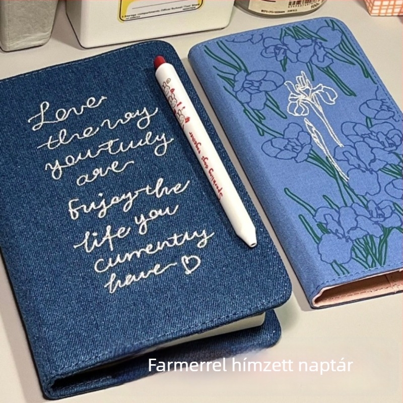 Denim szövésű hímzett notesz diáktervező, indie stílusú dizájn