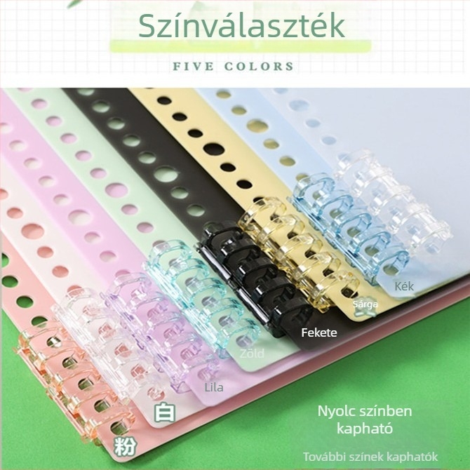 A4 kötőfedél; A5 PP matt lemez; 26 lyuk; B5 kötőhéj; 20 lyuk a szabadleveles maghoz