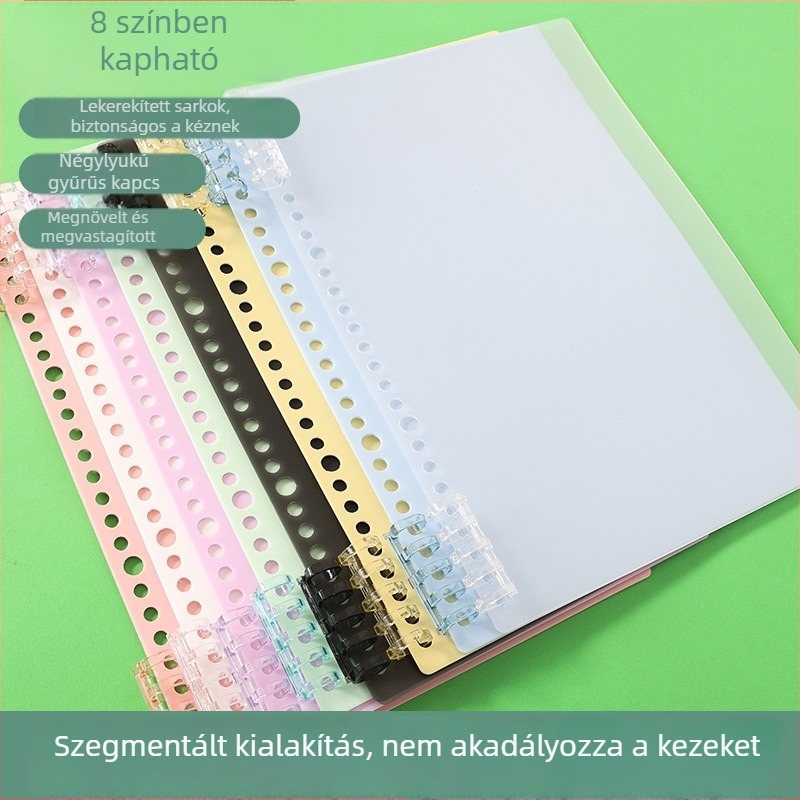 A4 kötőfedél; A5 PP matt lemez; 26 lyuk; B5 kötőhéj; 20 lyuk a szabadleveles maghoz