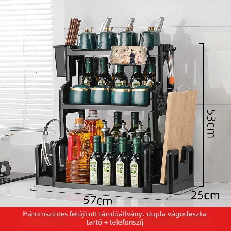 Konyhai fűszer- és eszköztároló asztali, többszintes, mozgatható, szerelés nélkül, műanyag, téglalap alakú
