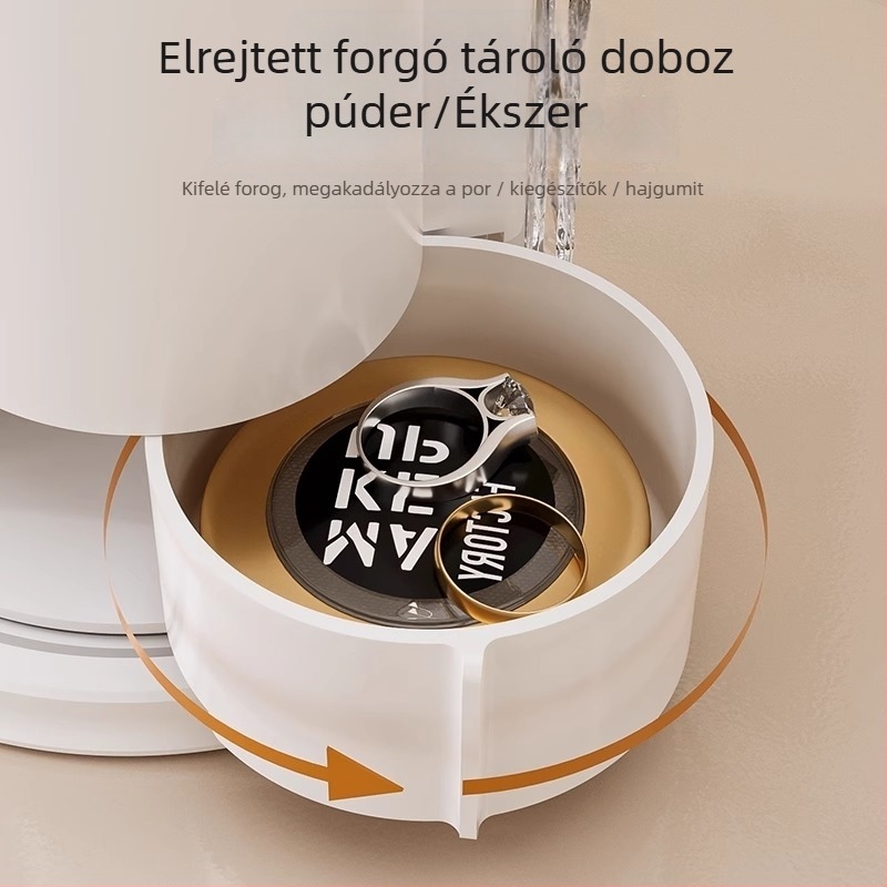 Akril kozmetikai tároló doboz forgó rekeszekkel, átlátszó, porálló, 2L kapacitás
