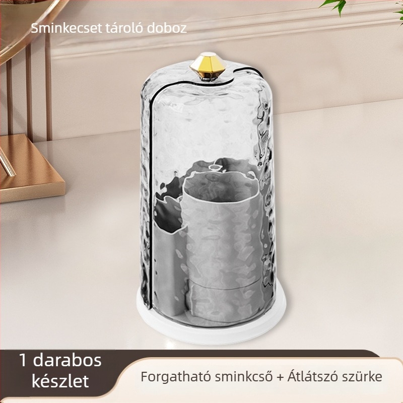 Akril kozmetikai tároló doboz forgó rekeszekkel, átlátszó, porálló, 2L kapacitás