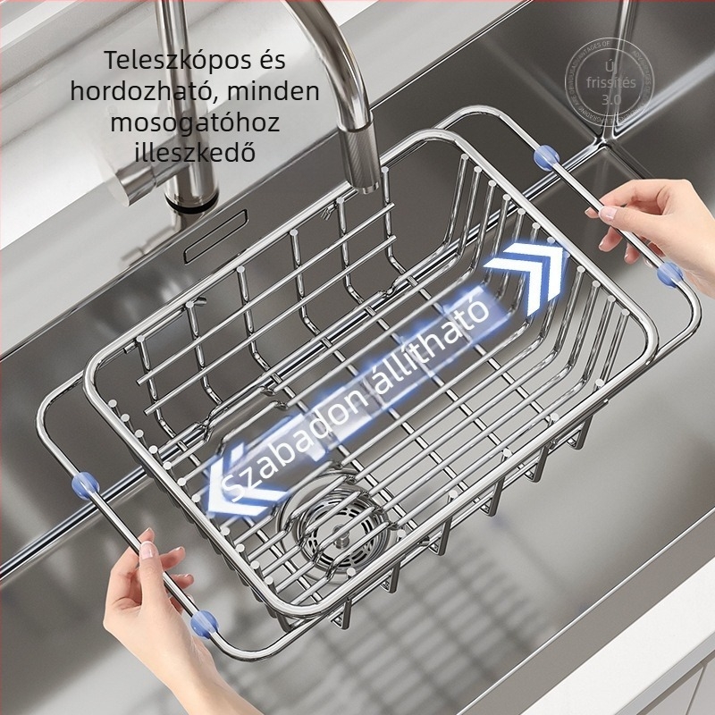 Mosogató lefolyó kosár, teleszkópos konyhai szervező, 201-es rozsdamentes acél, a munkalapon, mozgatható