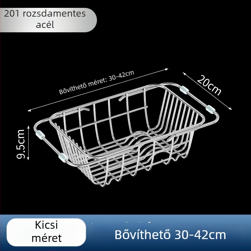 Mosogató lefolyó kosár, teleszkópos konyhai szervező, 201-es rozsdamentes acél, a munkalapon, mozgatható