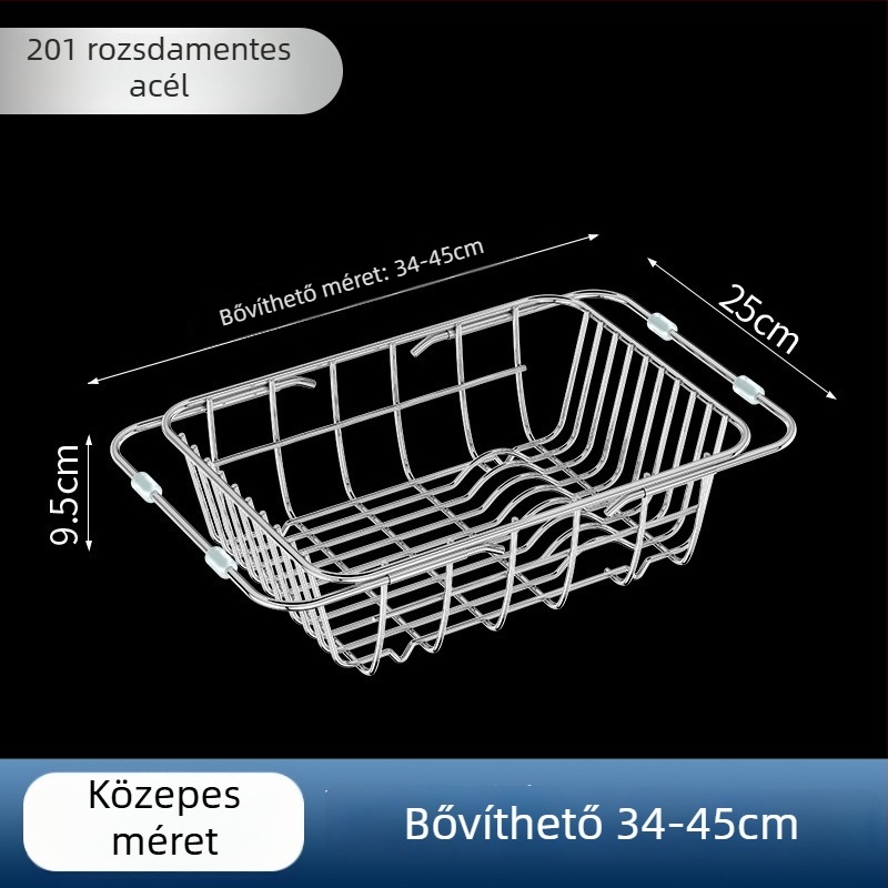 Mosogató lefolyó kosár, teleszkópos konyhai szervező, 201-es rozsdamentes acél, a munkalapon, mozgatható