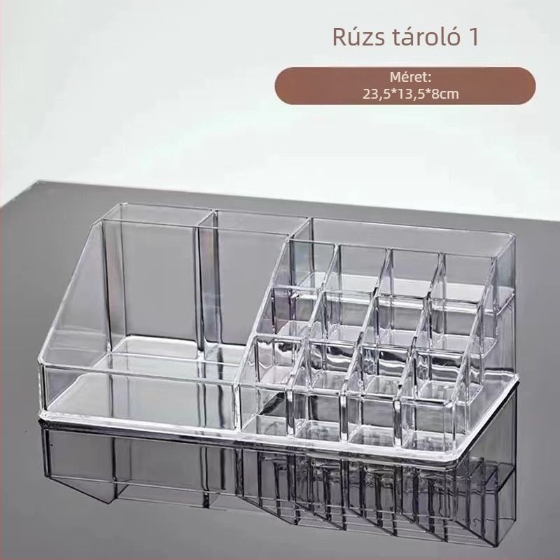 16 rekeszű átlátszó akril rúzs-tároló asztali használatra, kozmetikai tároló fedél nélkül