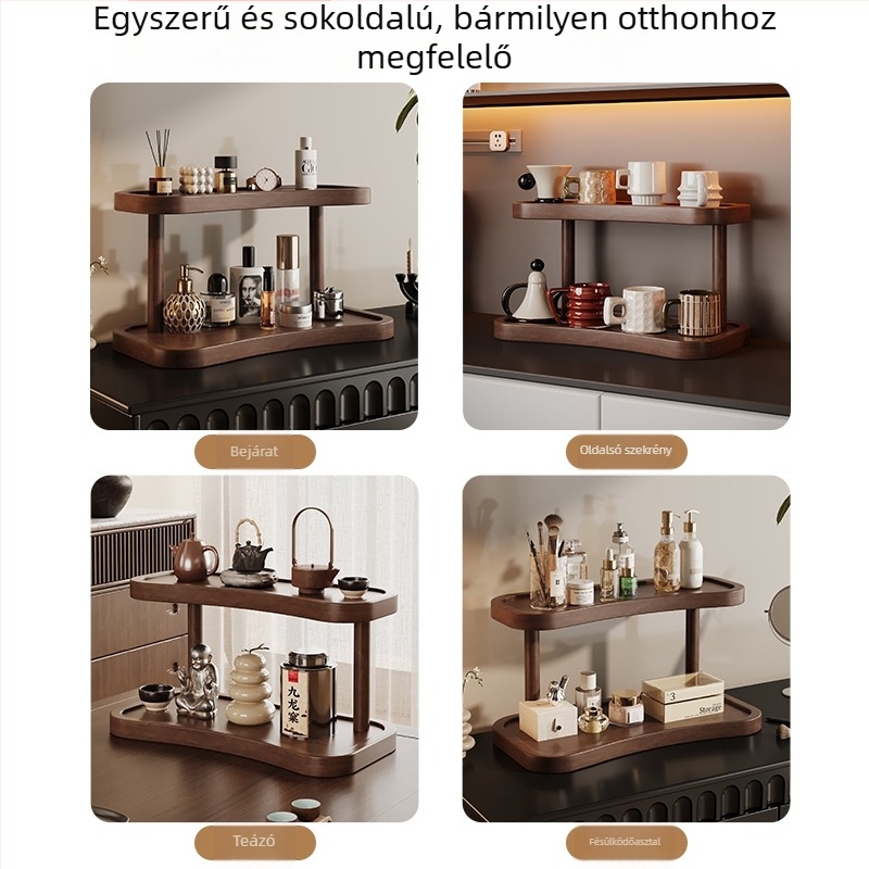 Asztali kozmetikai polc – 2‑szintes tömörfa szervező a smink és a bőrápolás számára, multifunkcionális
