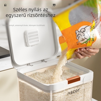 Rizstároló edény, élelmiszer-minőségű, rovarok elleni, nedvességálló, lezárható, 9–10 L kapacitás, ABS műanyag