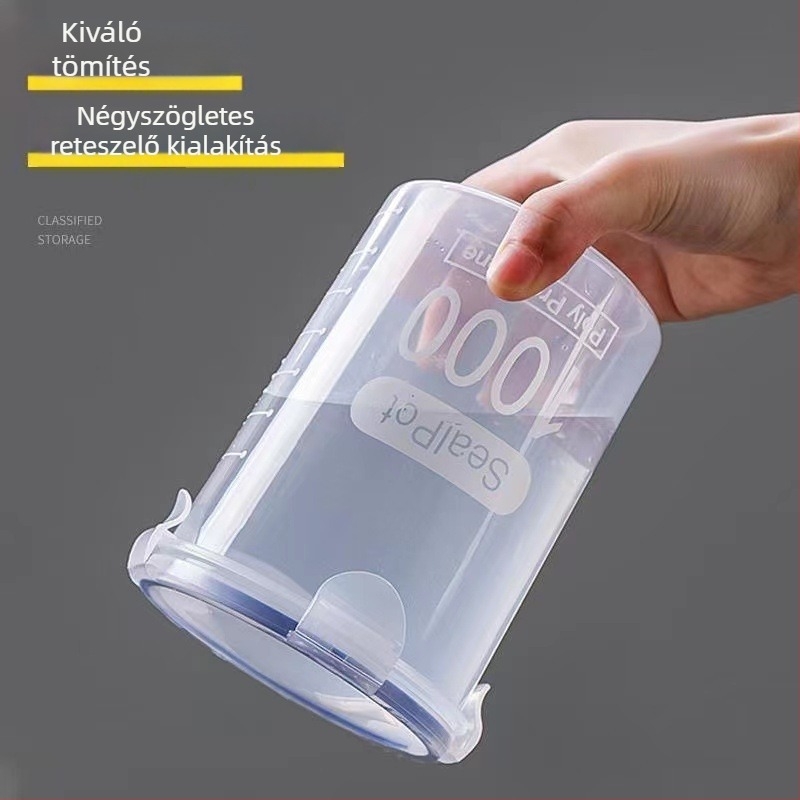 Műanyag gabonatároló edény, zárható élelmiszertároló, körkörös, 800–1000 ml, konyha