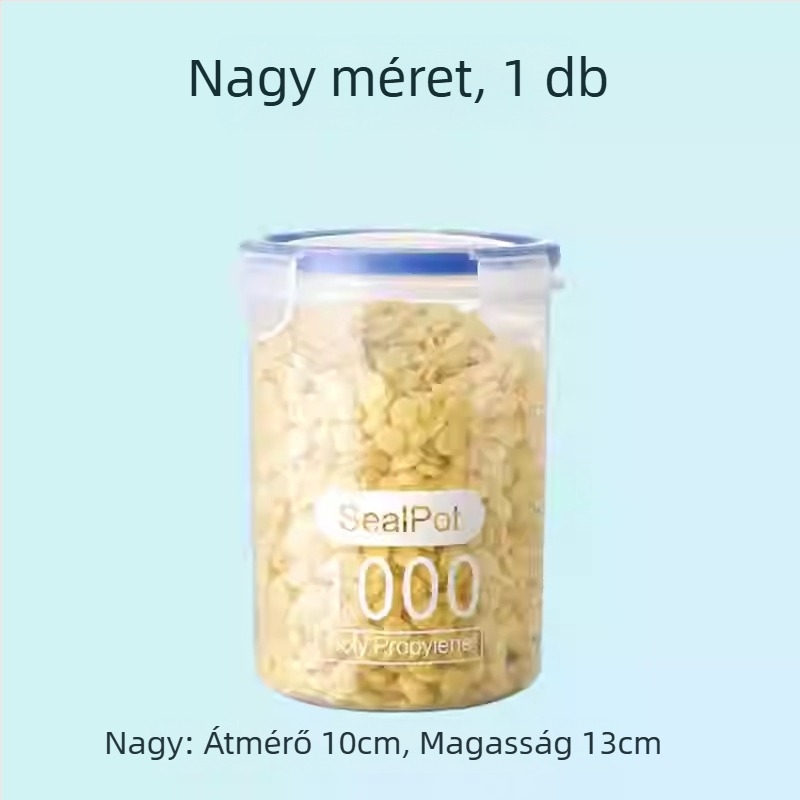 Műanyag gabonatároló edény, zárható élelmiszertároló, körkörös, 800–1000 ml, konyha