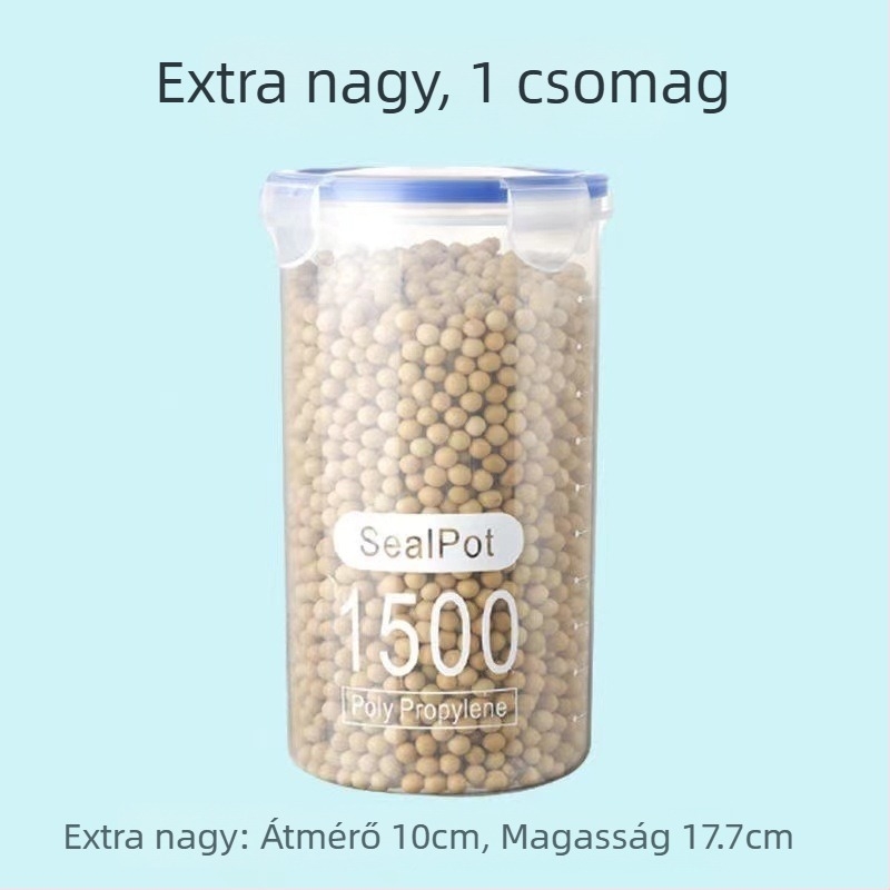 Műanyag gabonatároló edény, zárható élelmiszertároló, körkörös, 800–1000 ml, konyha
