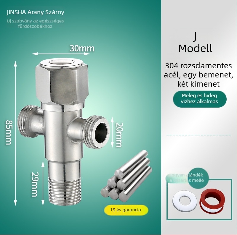 Háromutas szögletes csap réz testtel és 304 rozsdamentes acél alkatrészekkel, a forró és a hideg vízhez, egy bemenet, két kimenet