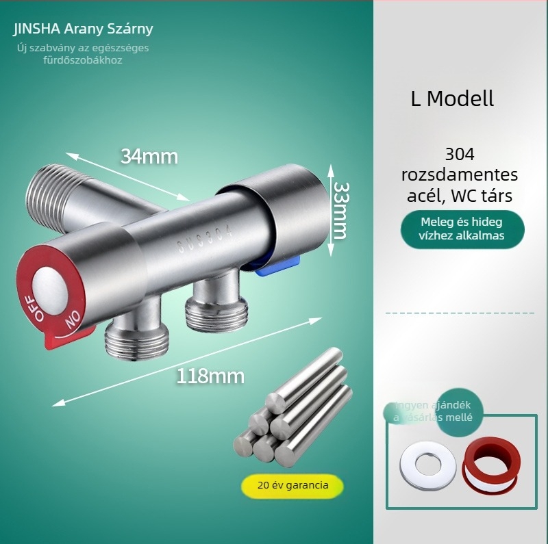 Háromutas szögletes csap réz testtel és 304 rozsdamentes acél alkatrészekkel, a forró és a hideg vízhez, egy bemenet, két kimenet