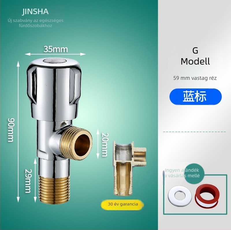 Háromutas szögletes csap réz testtel és 304 rozsdamentes acél alkatrészekkel, a forró és a hideg vízhez, egy bemenet, két kimenet