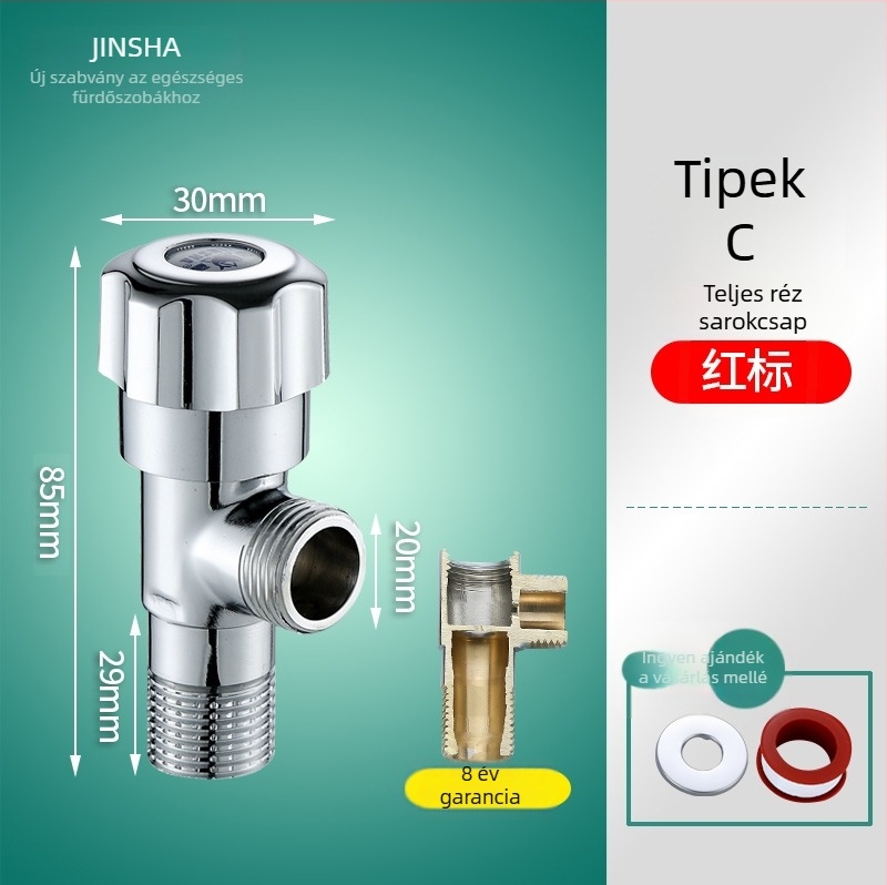 Háromutas szögletes csap réz testtel és 304 rozsdamentes acél alkatrészekkel, a forró és a hideg vízhez, egy bemenet, két kimenet