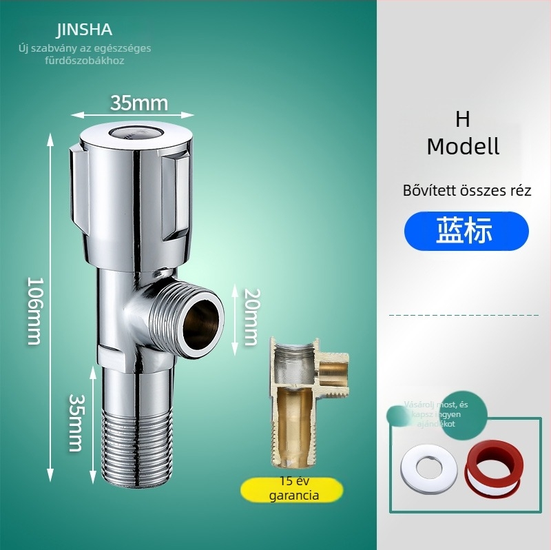 Háromutas szögletes csap réz testtel és 304 rozsdamentes acél alkatrészekkel, a forró és a hideg vízhez, egy bemenet, két kimenet