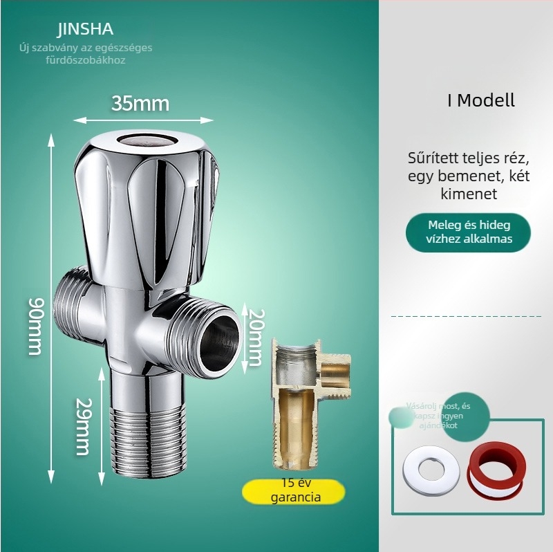 Háromutas szögletes csap réz testtel és 304 rozsdamentes acél alkatrészekkel, a forró és a hideg vízhez, egy bemenet, két kimenet