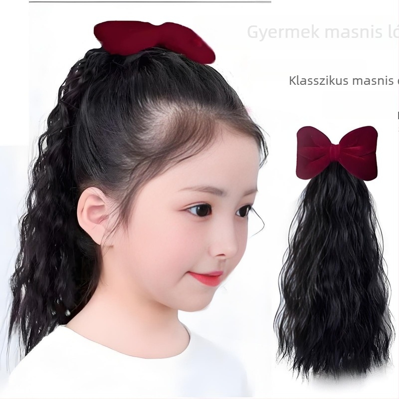Gyerekeknek szóló divatparóka magas hőálló rostokból, bársony masnival a copf rögzítéséhez, rövid, természetes megjelenésű, cosplay paróka