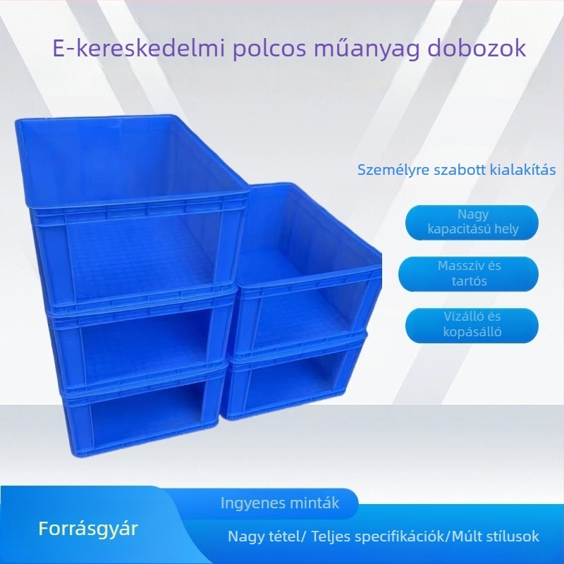 Nyitott felső műanyag tároló dobozok e-kereskedelmi áruk rendezéséhez, stackable tárolók — Anyag: HDPP; Injekciós formázás; 99% elsődleges anyag; Falvastagság: 2–8 mm; Teherbírás: 80 kg