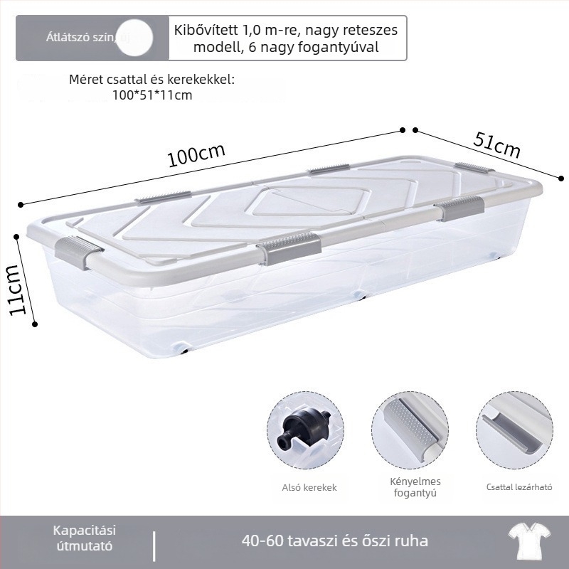 Ágy alatti tárolódoboz, téglalap alakú, fedéllel, 10 cm magas, kapacitás 1000 L+.