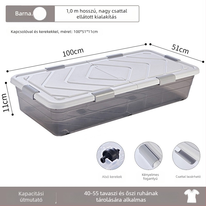Ágy alatti tárolódoboz, téglalap alakú, fedéllel, 10 cm magas, kapacitás 1000 L+.