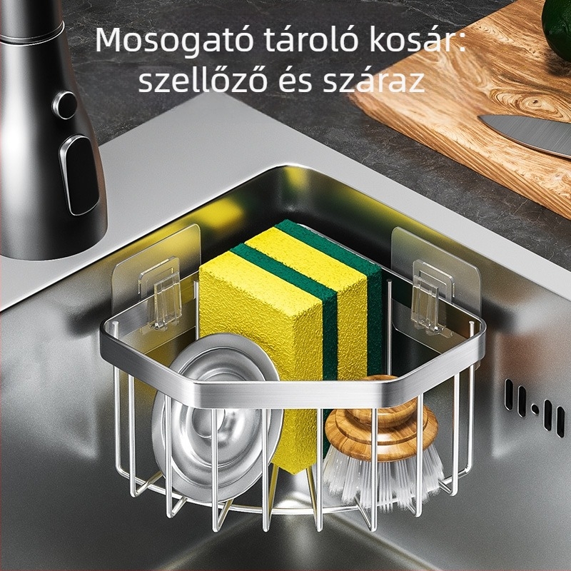 Rozsdamentes acél sarok mosogató szivacs tároló kosár, háromszög drenáló rács, fúrás nélküli szerelés, kefés felület, 10 kg teherbírás